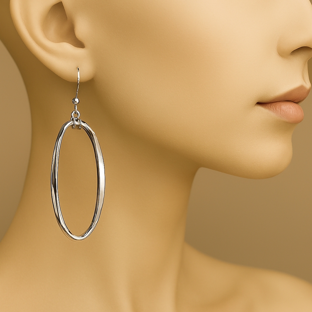 Silver Oval Hoop Drop Earrings 2" – Elegant Women’s Fashion Jewelry